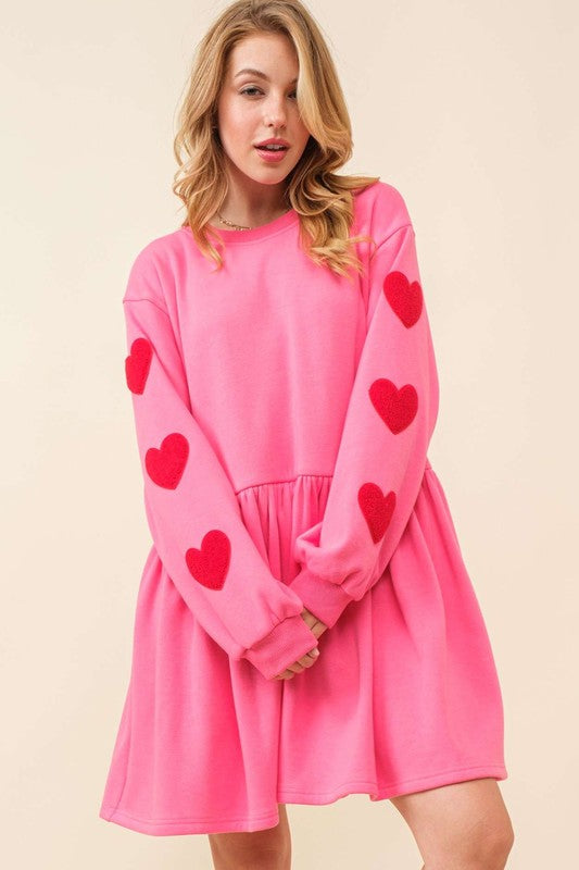 chinese dress ladies Pink Heart Patch Long Sleeve Babydoll Dress – Aquarius Brand