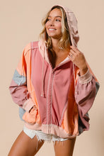 Marsala/Peach Raw Edge Color Block Washed Terry Zip Up Hoodie
