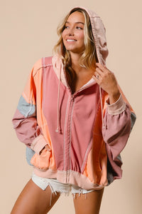 Marsala/Peach Raw Edge Color Block Washed Terry Zip Up Hoodie