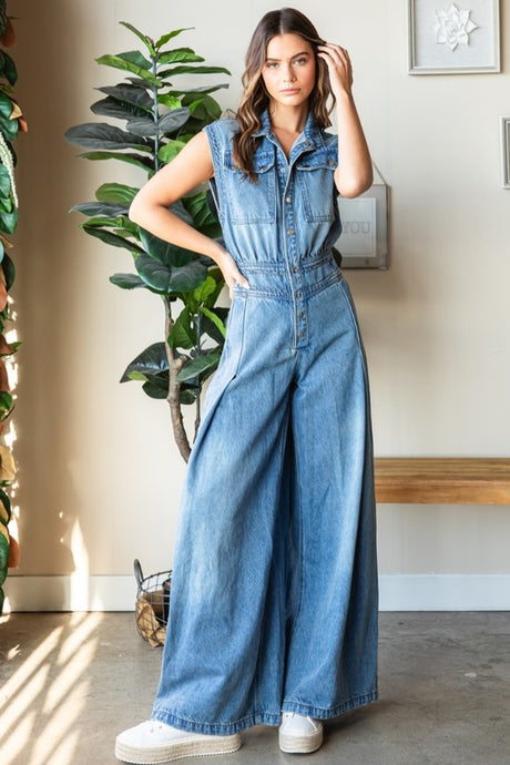 Medium Wash Denim Button Down Sleeveless Jumpsuit