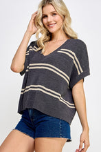 Dark Grey Textured Stripe V-Neck Sweater Top