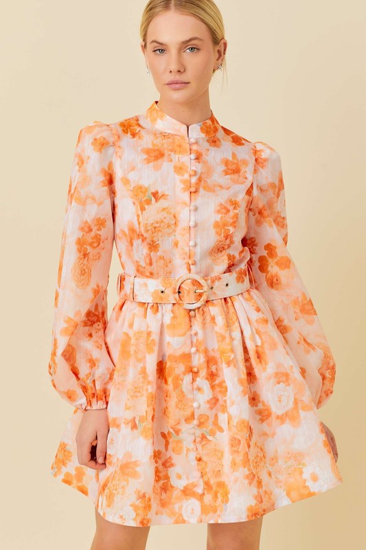 Orange Floral Print Mini Dress