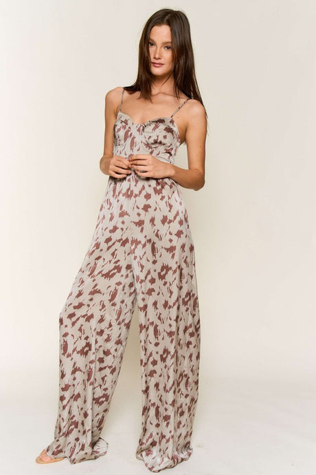 Olive Brown Animal Print Spaghetti Strap Tie Back Jumpsuit