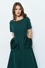 Emerald Elegant Rose Applique A-line Midi Dress