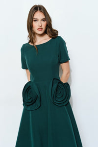 Emerald Elegant Rose Applique A-line Midi Dress