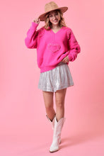 Fuchsia Heart Print Pearl Trim Oversize Sweater