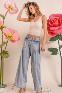 Lt Denim Washed Denim Wide Leg Pants With Tie Hem Detail