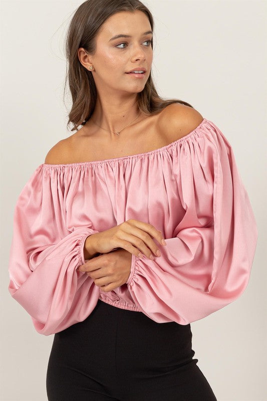 Pink Off-Shoulder Satin Balloon Sleeve Top – Aquarius Brand