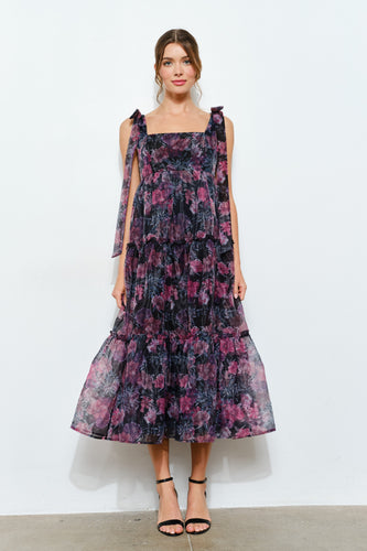 Black Multi Organza Floral Printed Tiered Midi Dress