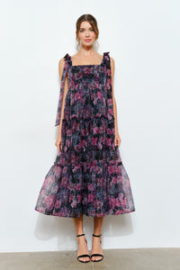Black Multi Organza Floral Printed Tiered Midi Dress