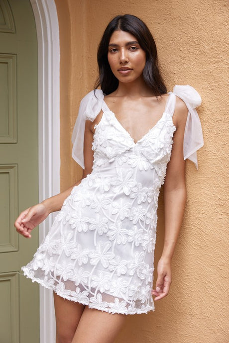 White V Neckline Embroidered Mini Dress