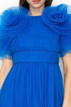 Royal Blue Tulle Pleated Floral Short Sleeve Midi Dress