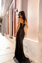 Black Lace Embroidered Satin Long Slit Evening Dress