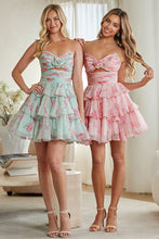 Mint Strapless Rosette Pleat Soft Chiffon Print Dress