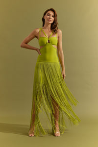 Citron Green Bandage Fringe Dress With Cutout