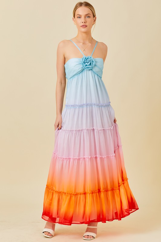 Multi Ombre 3D Flower Ruffle Trim Ombre Print Maxi Dress