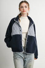 Navy Multi Quilted Plaid Sherpa Fleece Snap Jacket