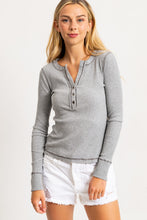 Heather Grey Acid Washed Half Placket Ribbed Knit Top