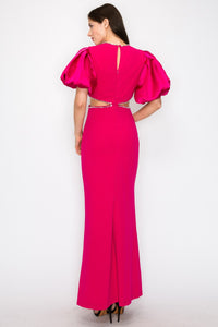 Pink Puff Sleeves Rhinestione Side Cutout Maxi Dress