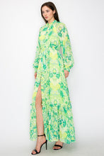 Green Combo Floral Print Button Down Closure Tie Maxi Dress