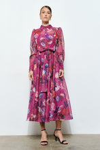 Berry Floral Organza Puff Sleeve Belted Shirt Dress