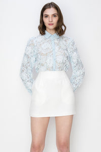 Mint Blue Long Sleeves Floral Lace Shirt Top