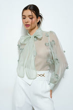 Sage Sheer Embroidered Butterfly Bow Tie Blouse