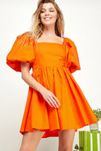 Orange Puffled Balloon Sleeve Tie Back Dress