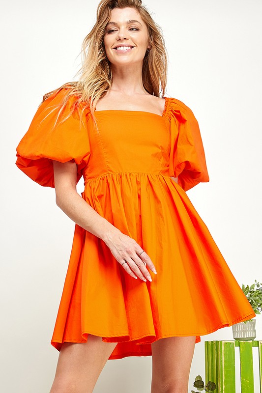 Orange Puffled Balloon Sleeve Tie Back Dress
