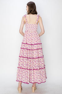 Purple Multi Self Tie shoulder Floral Print Tiered Midi Dress