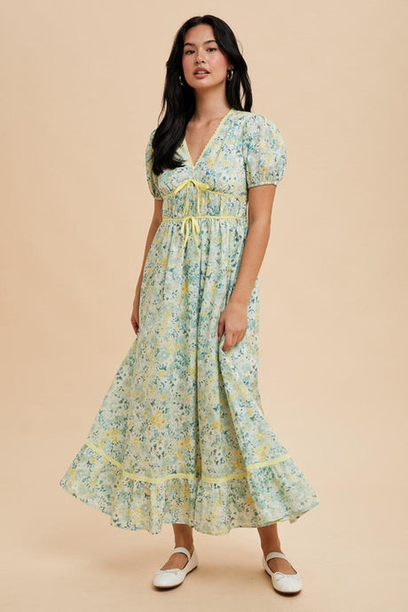 Lemongrass Multi Bow Detail Floral Contrast Puff Dress