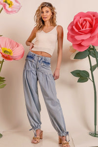 Lt Denim Washed Denim Wide Leg Pants With Tie Hem Detail