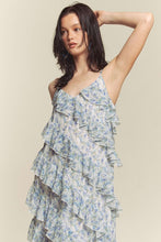 Blue Combo Floral Rufflr Spaghetti Strap Maxi Dress