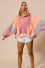 Marsala/Peach Raw Edge Color Block Washed Terry Zip Up Hoodie