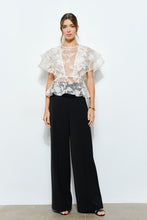 White Sheer Floral Stripe Print Ruffle Blouse