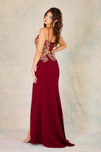 Burgundy/Gold Sleeveless Gown With Fitted Silhouette And Embroidered Detailing With A Slit