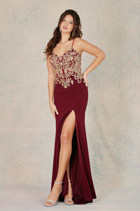 Burgundy/Gold Sleeveless Gown With Fitted Silhouette And Embroidered Detailing With A Slit