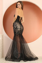 Black/Nude Sheer Mermaid Dress with Applique and Sweetheart Neckline