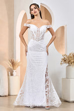 White Glitter Print Off Shoulder Mermaid Gown