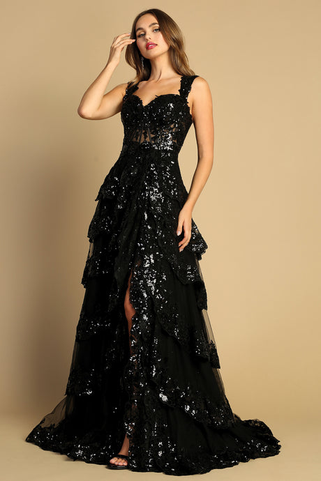 Black Embroidery Sequin Ruffle A Line Dress