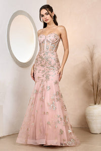 Rose Sequined Appliqué Strapless Bustier Long Evening Gown