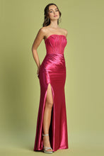 Fuchsia Stretch Satin Strapless Embellished/Long Slit Gown
