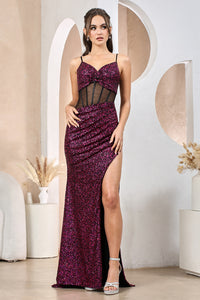 Fuchsia/Black Sequined Tight Long Slit Evening Dress