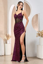 Fuchsia/Black Sequined Tight Long Slit Evening Dress