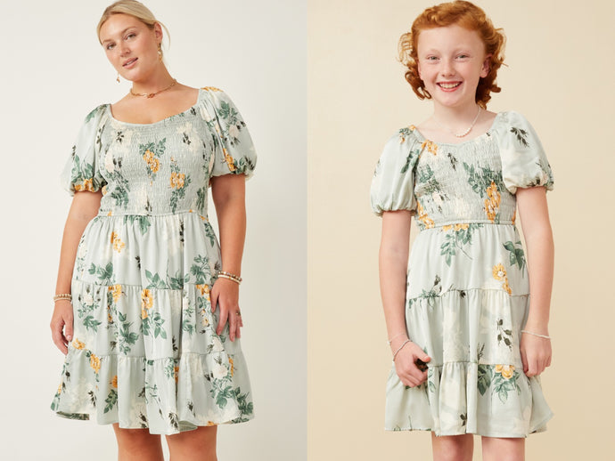 Sage Romantic Floral Smocked Sheen Dress(Mommy & Me Set)