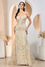 Champagne Fitted Sequin Print Off Shoulder Slit Gown