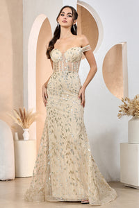 Champagne Fitted Sequin Print Off Shoulder Slit Gown