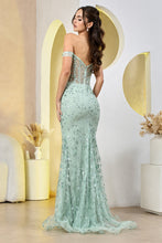 Sage Fitted Sequin Print Off Shoulder Slit Gown