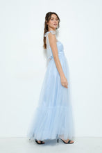 Light Blue Bow Tie Strap Lace-up Back Tulle Maxi Dress