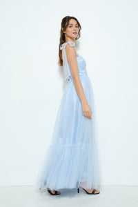 Light Blue Bow Tie Strap Lace-up Back Tulle Maxi Dress